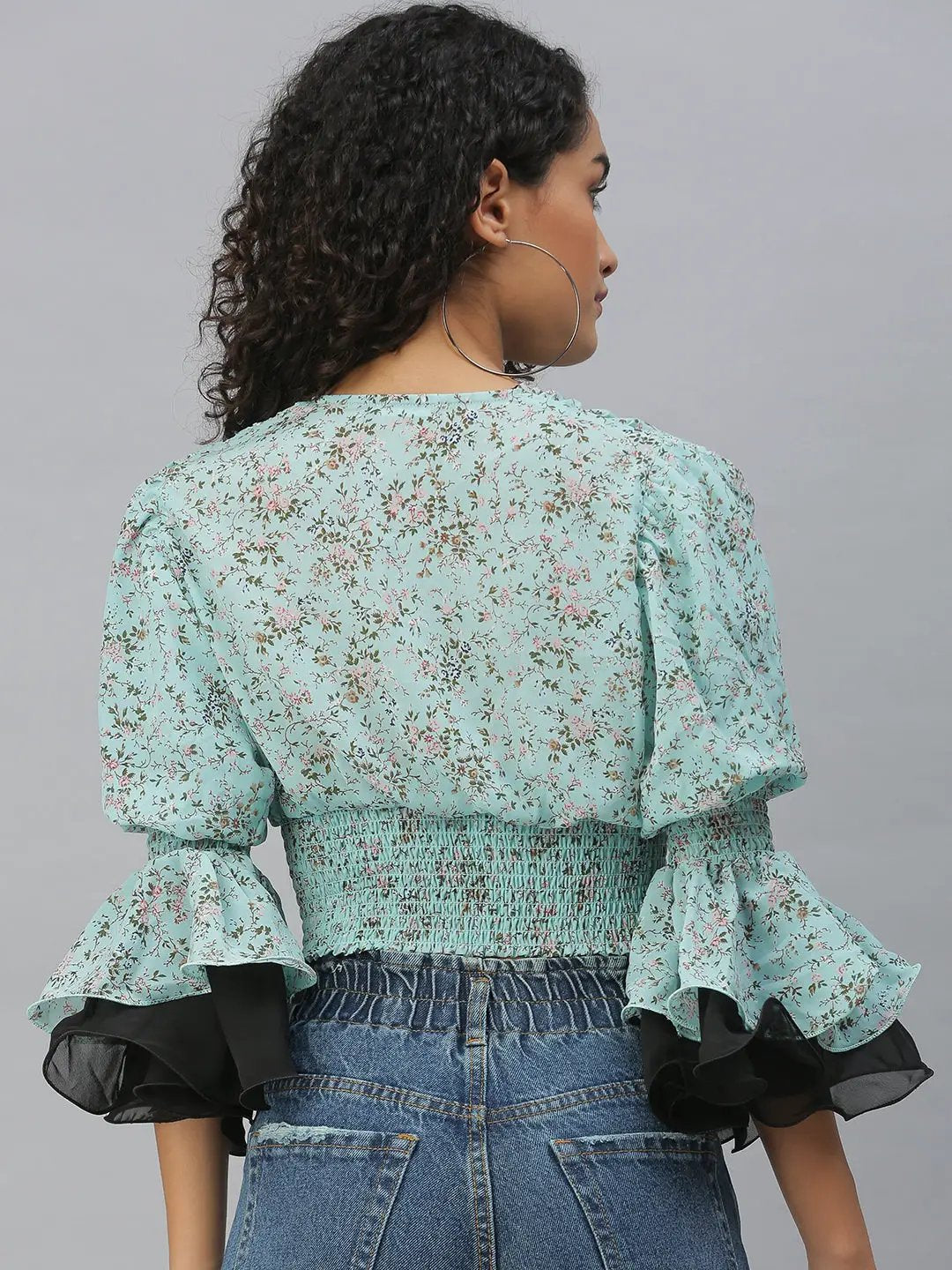 Women's Turquoise Blue Floral Printed Puff Sleeve Cinched Waist Top