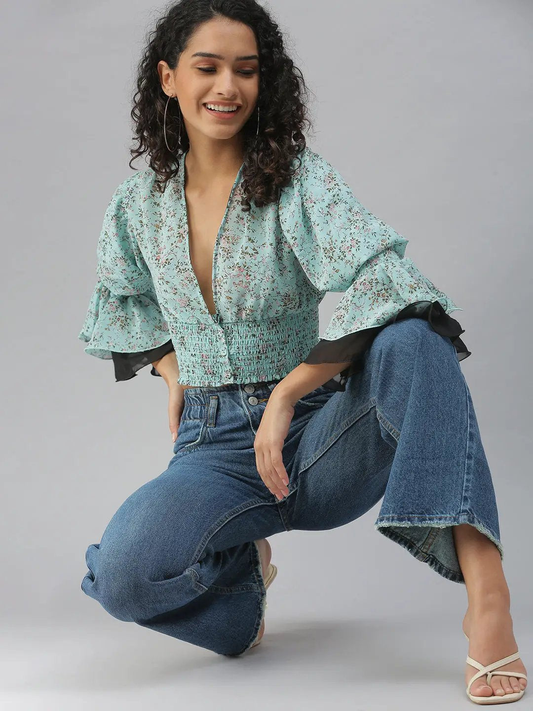 Women's Turquoise Blue Floral Printed Puff Sleeve Cinched Waist Top