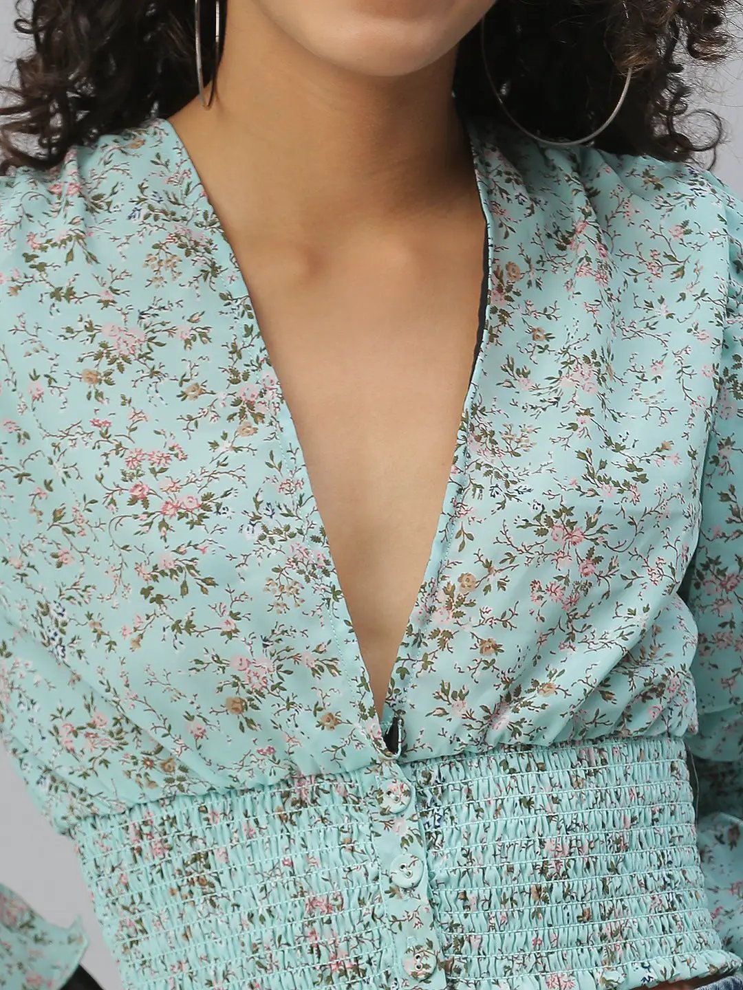 Women's Turquoise Blue Floral Printed Puff Sleeve Cinched Waist Top