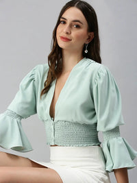 Women's Sea Green Smocked Crop Top