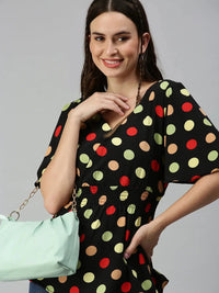 Women's Black Polka Dot Print Crepe Wrap Top