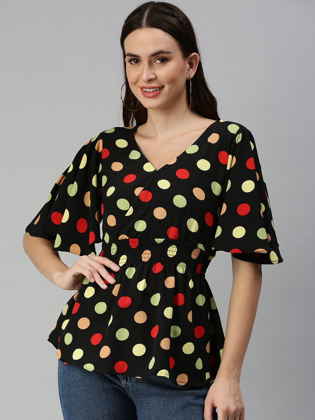 Women's Black Polka Dot Print Crepe Wrap Top