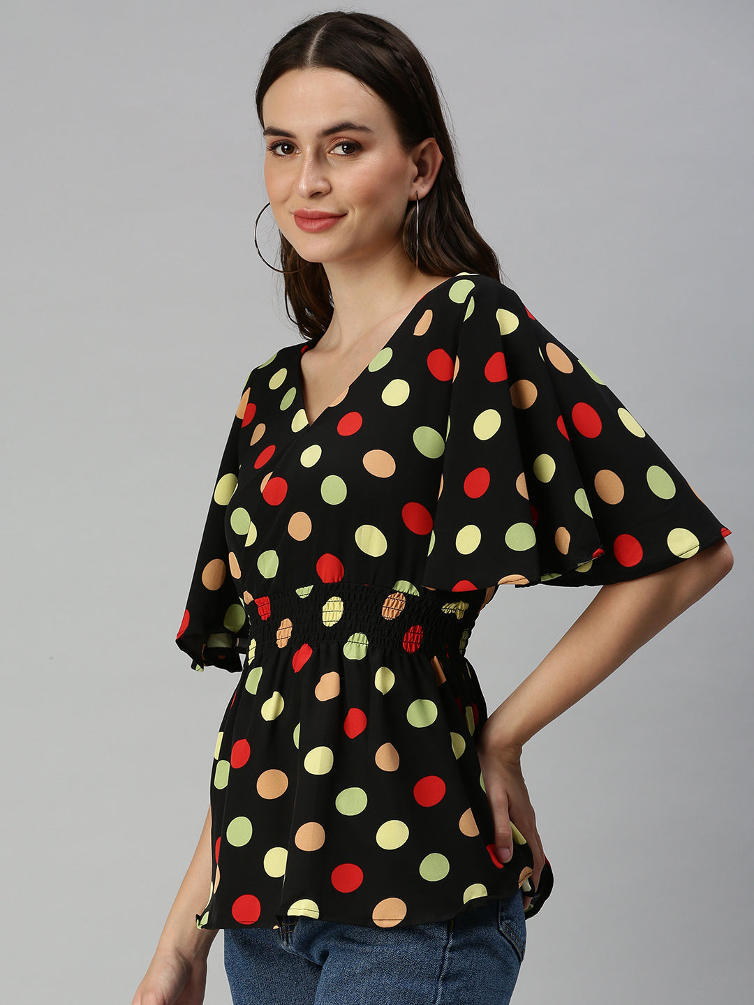 Women's Black Polka Dot Print Crepe Wrap Top