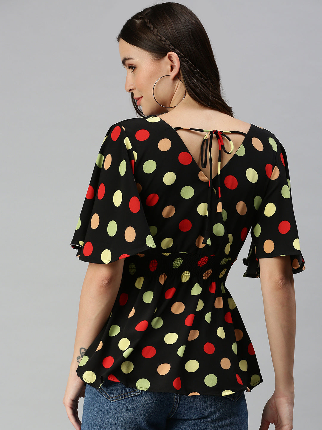 Women's Black Polka Dot Print Crepe Wrap Top