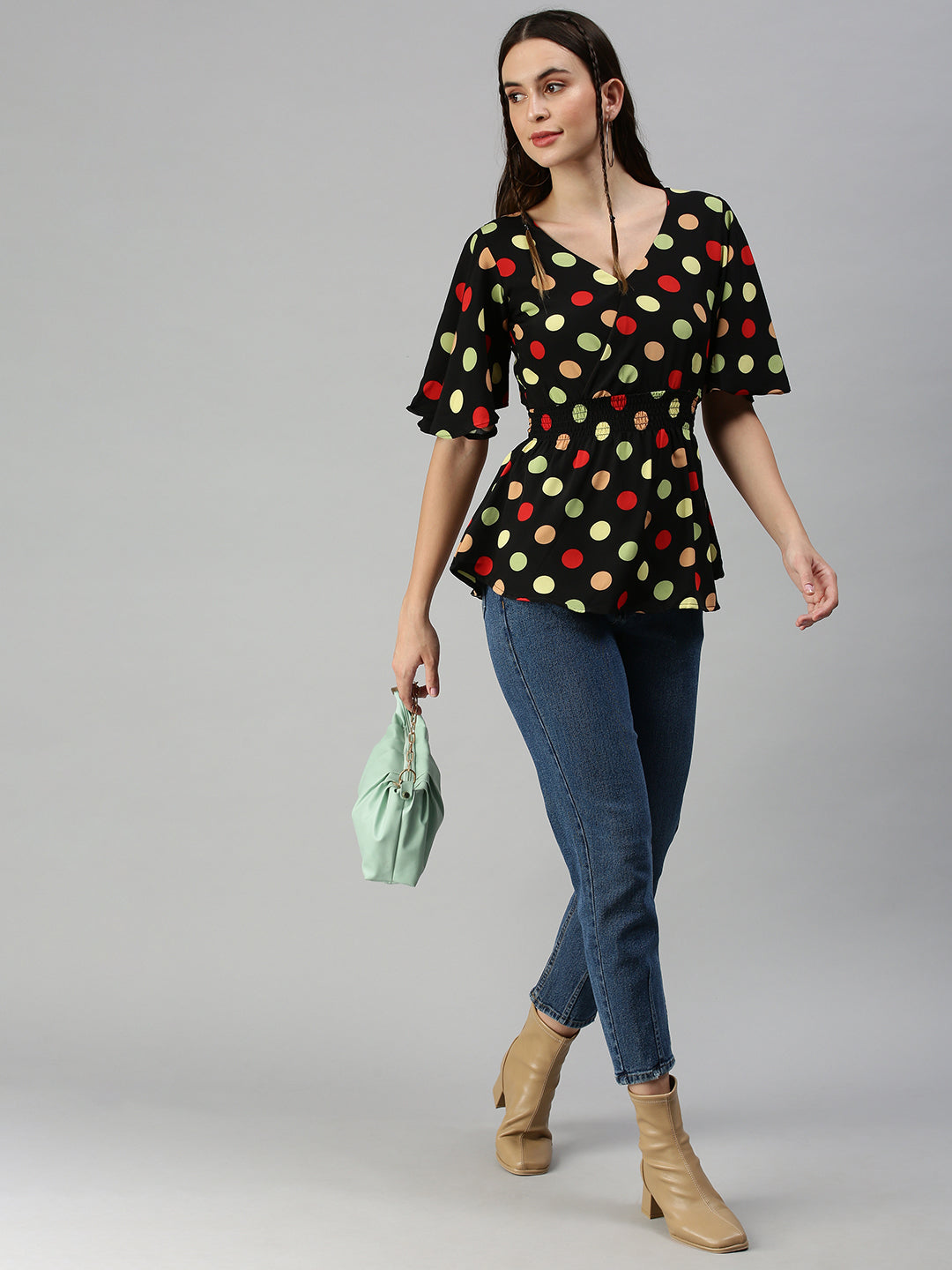 Women's Black Polka Dot Print Crepe Wrap Top