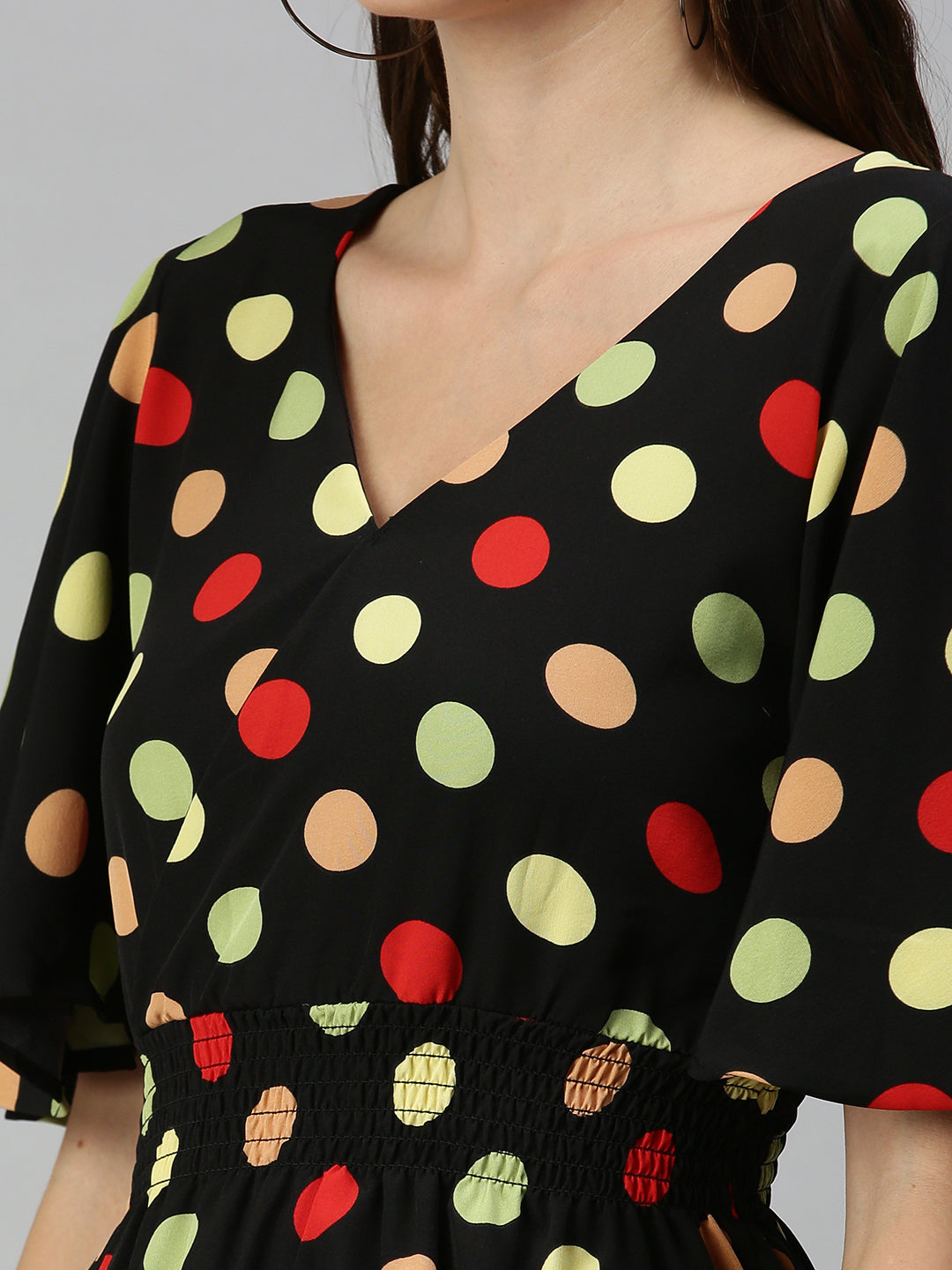 Women's Black Polka Dot Print Crepe Wrap Top