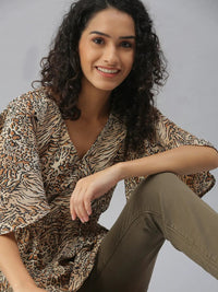Women's Beige Animal Print Crepe Cinched Waist Top