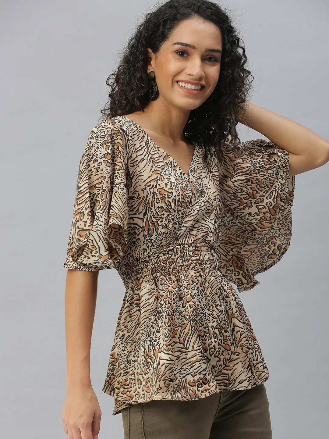 Women's Beige Animal Print Crepe Cinched Waist Top