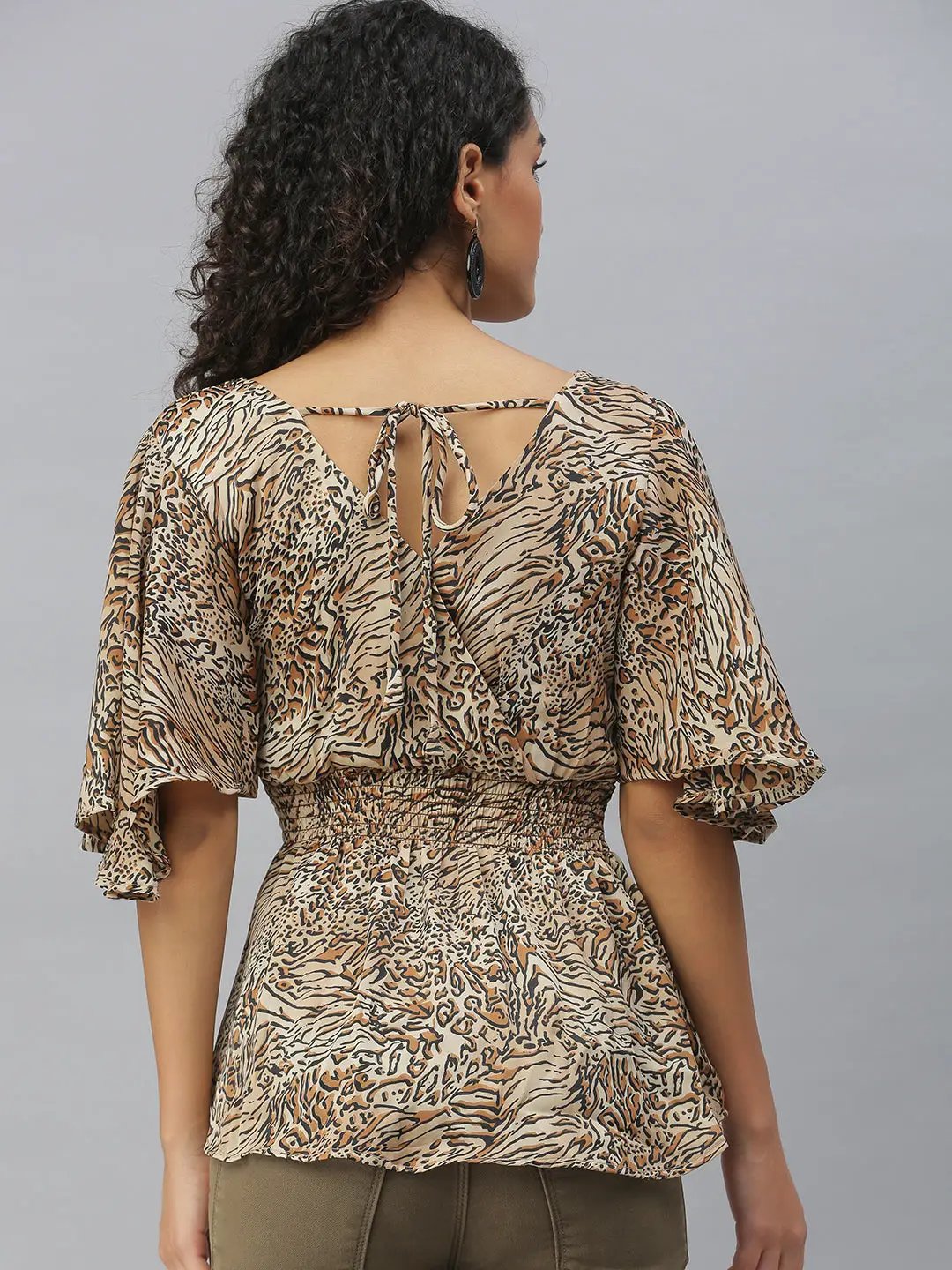 Women's Beige Animal Print Crepe Cinched Waist Top