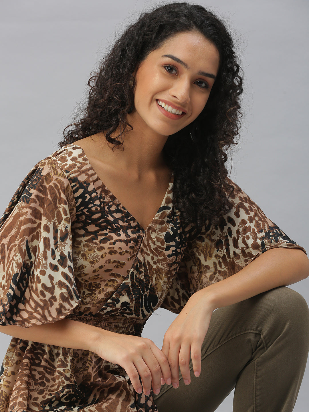 Women's Brown Animal Print Crepe Wrap Top
