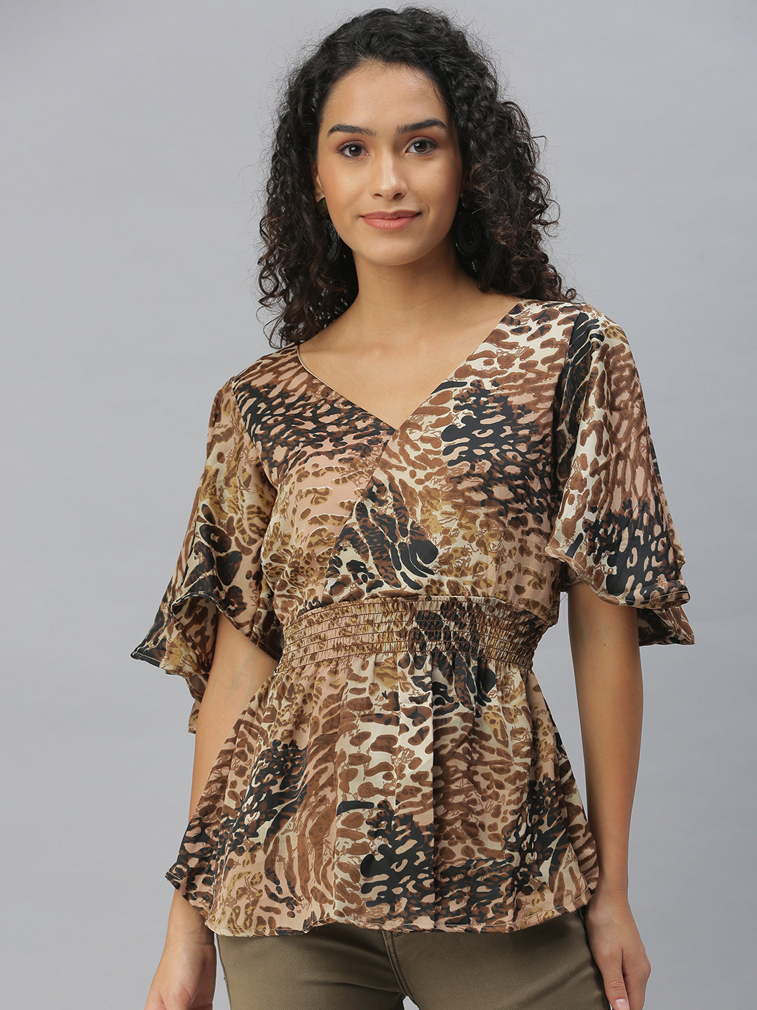 Women's Brown Animal Print Crepe Wrap Top