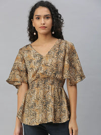 Women's Beige Animal Print Crepe Cinched Waist Top