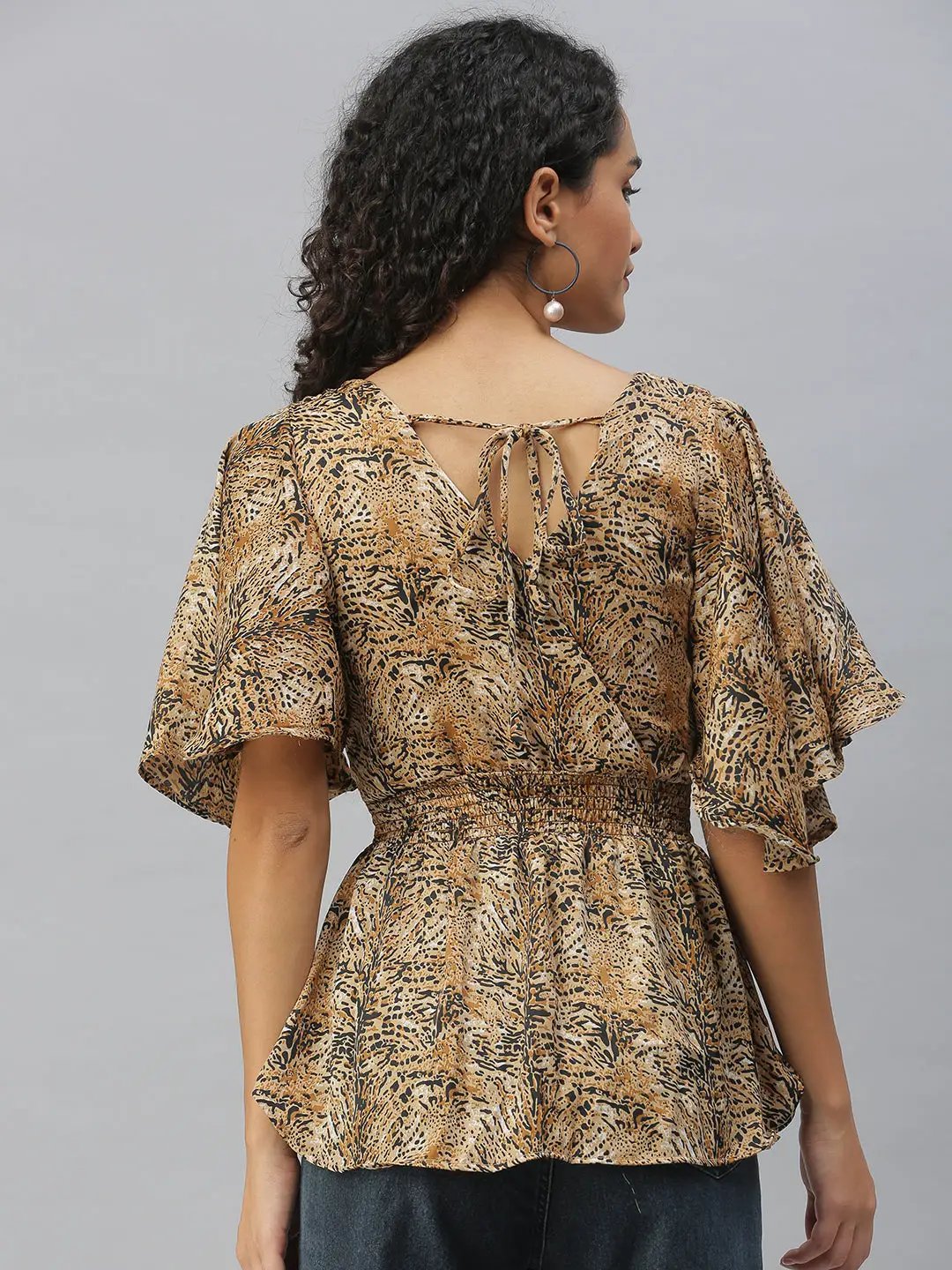 Women's Beige Animal Print Crepe Cinched Waist Top