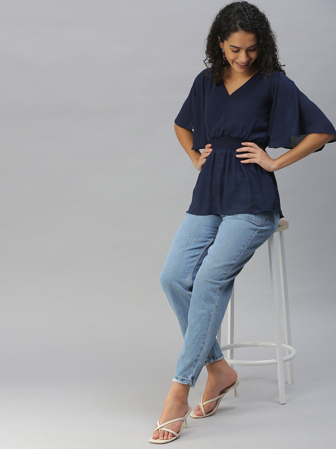 Women's Navy Blue Cinched Waist Top