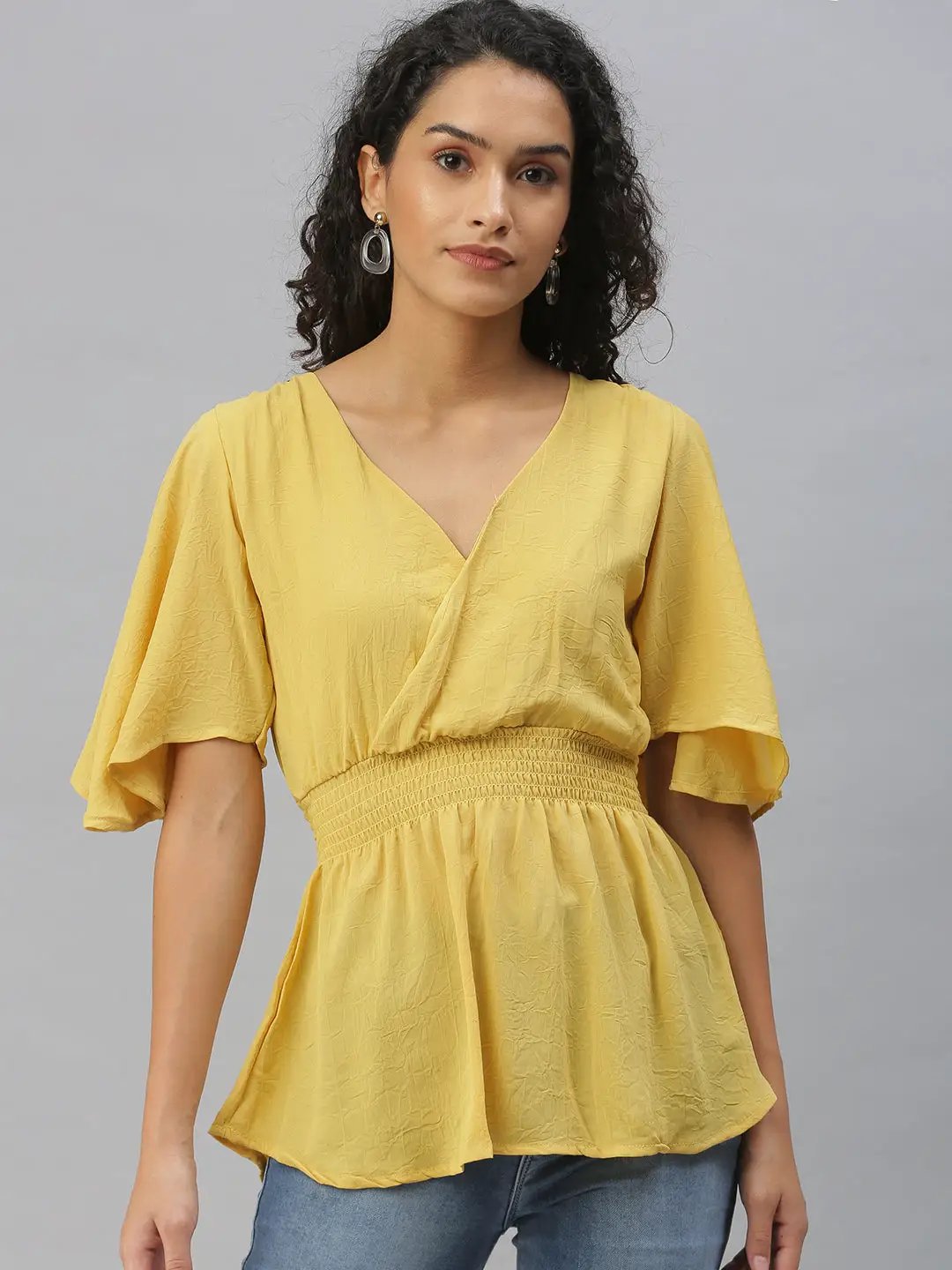 Women's Yellow Solid Wrap Top