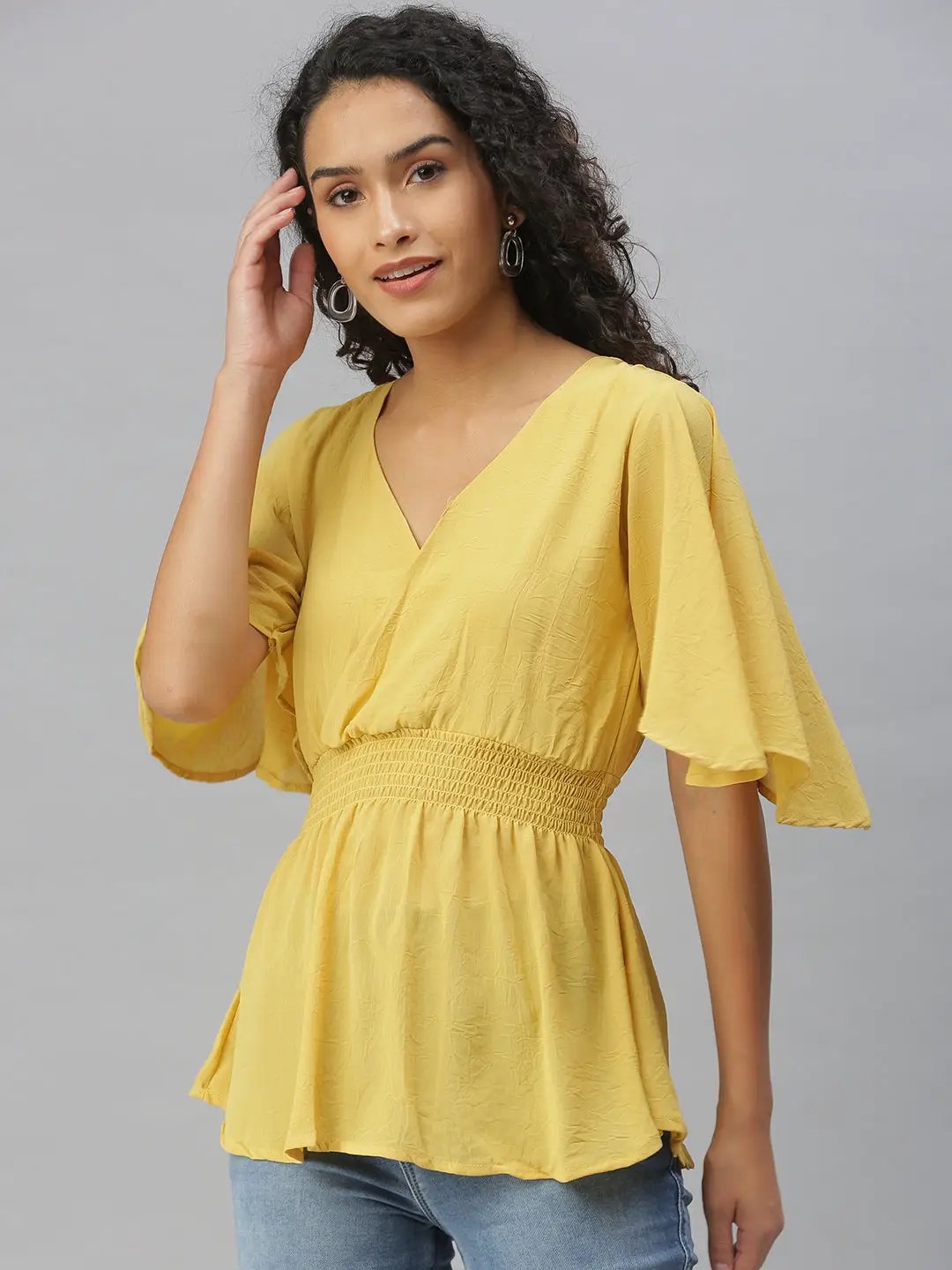 Women's Yellow Solid Wrap Top