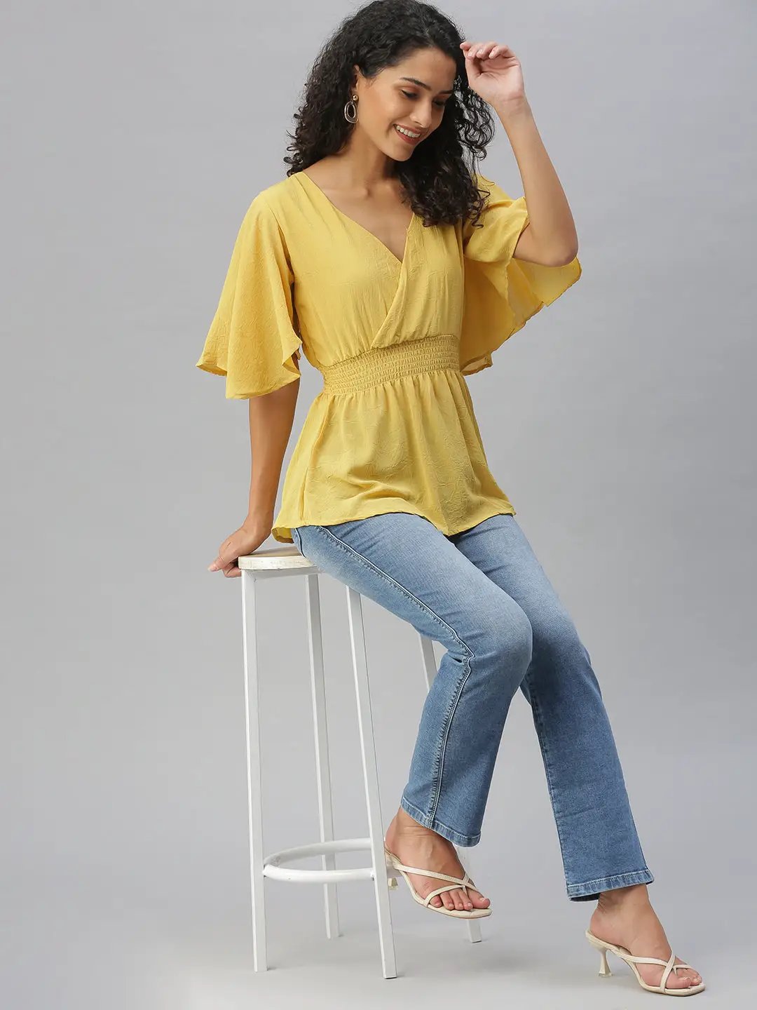 Women's Yellow Solid Wrap Top