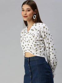 Women's Off White Print Crepe Crop Top