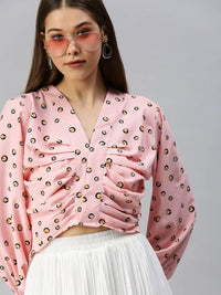 Women's Pink Print Crepe Wrap Crop Top