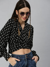 Women's Black Geometric Print Tie-Up Neck Crepe Top