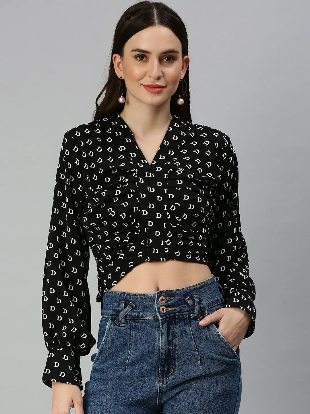 Women's Black Geometric Print Tie-Up Neck Crepe Top