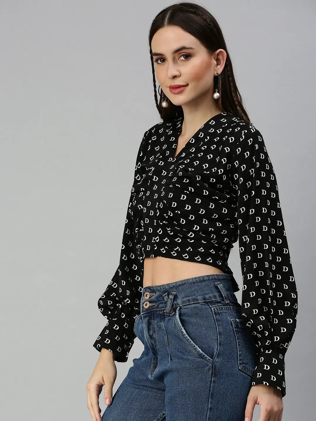 Women's Black Geometric Print Tie-Up Neck Crepe Top