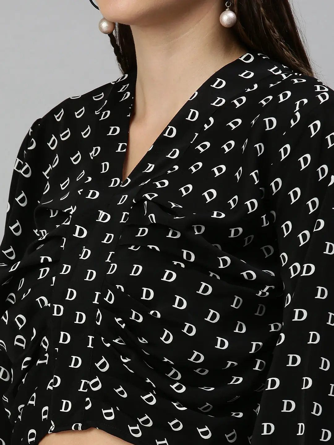Women's Black Geometric Print Tie-Up Neck Crepe Top