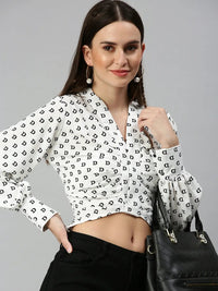 Women's White Printed Crepe Crop Top