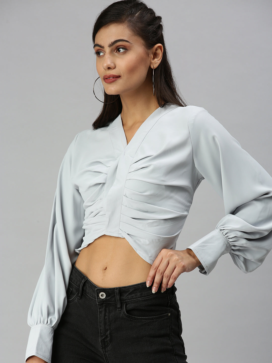 Women's Grey Solid Crop Top