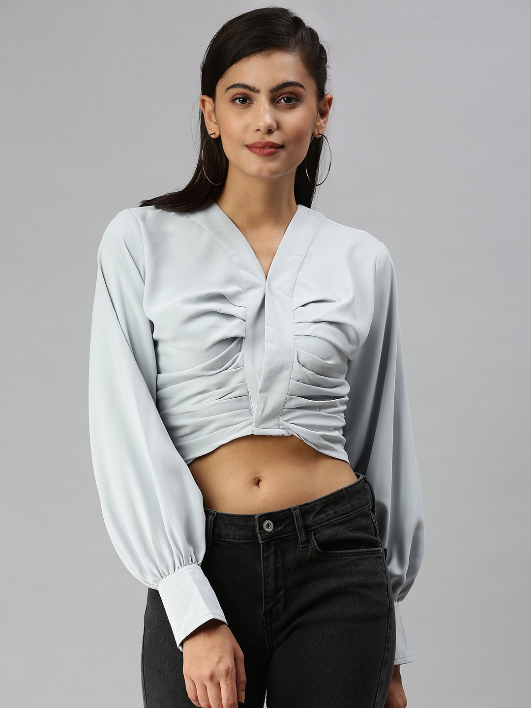 Women's Grey Solid Crop Top