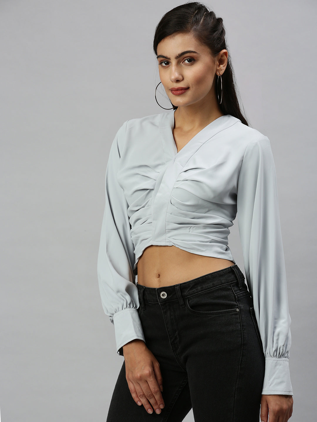 Women's Grey Solid Crop Top