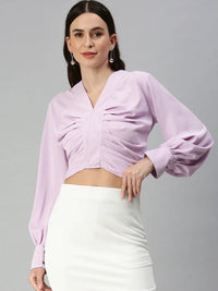 Women's Lavender Solid Pleated V-Neck Crepe Crop Top