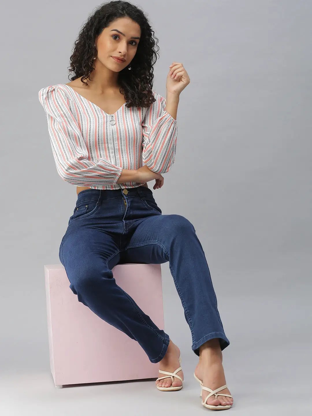 Women's Peach Striped Crop Top