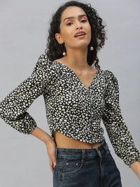 Women's Black Print Crepe Wrap Crop Top