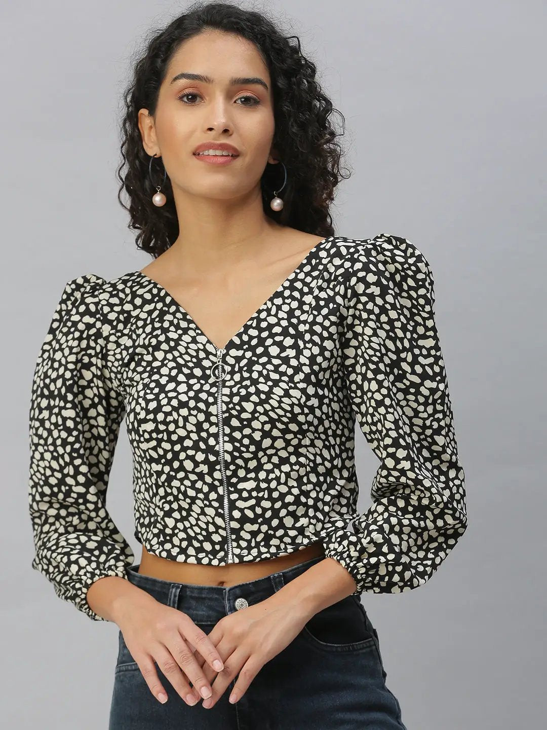 Women's Black Print Crepe Wrap Crop Top