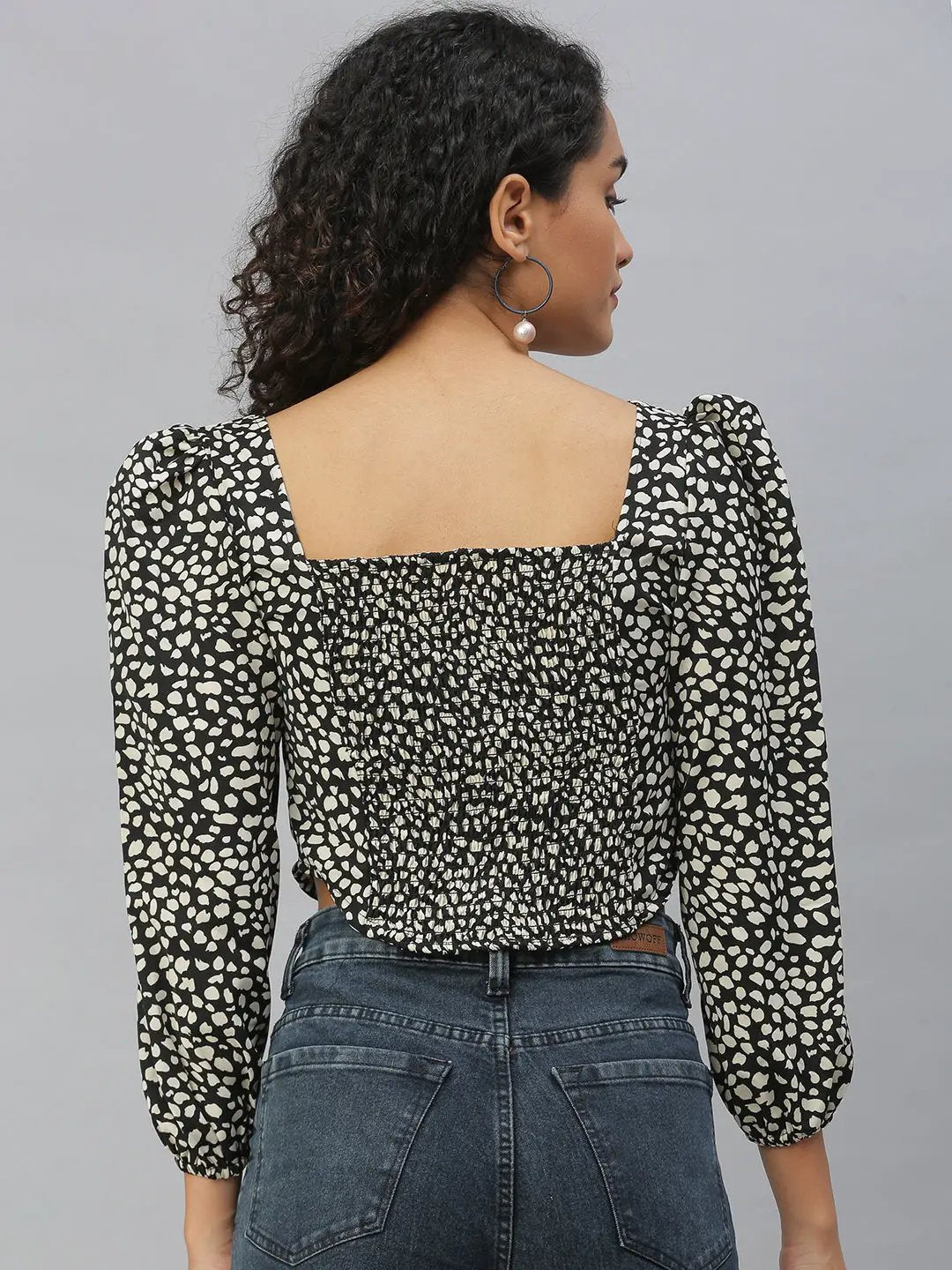 Women's Black Print Crepe Wrap Crop Top