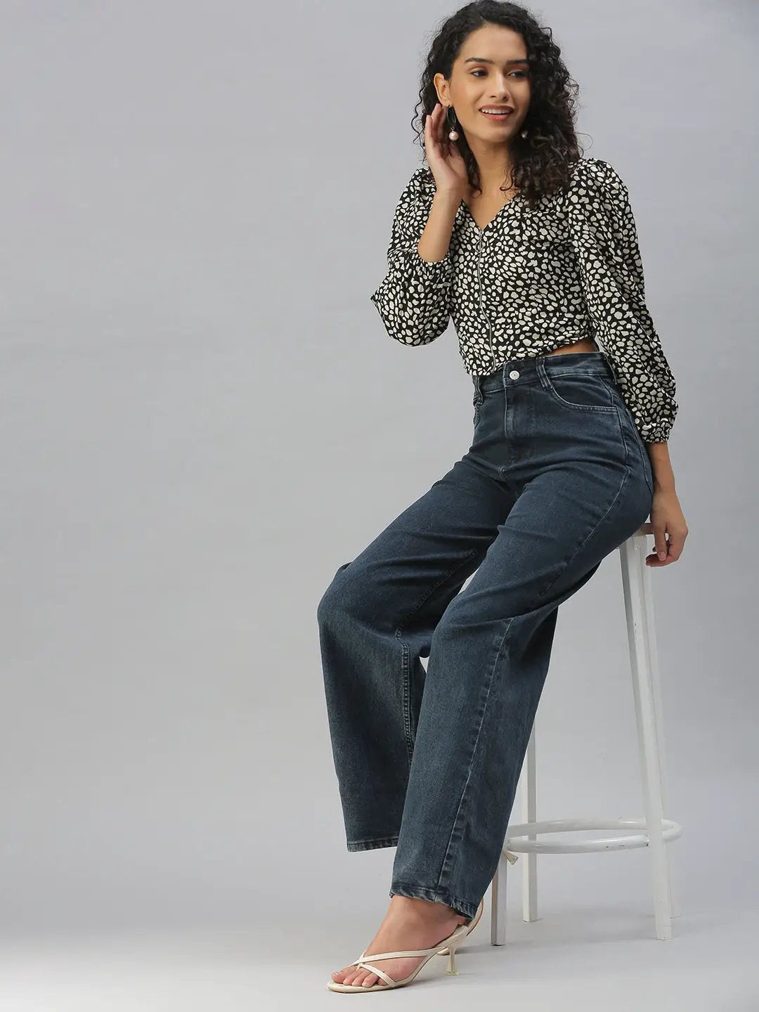 Women's Black Print Crepe Wrap Crop Top