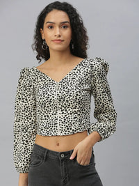 Women's Cream Animal Print Crepe Crop Top