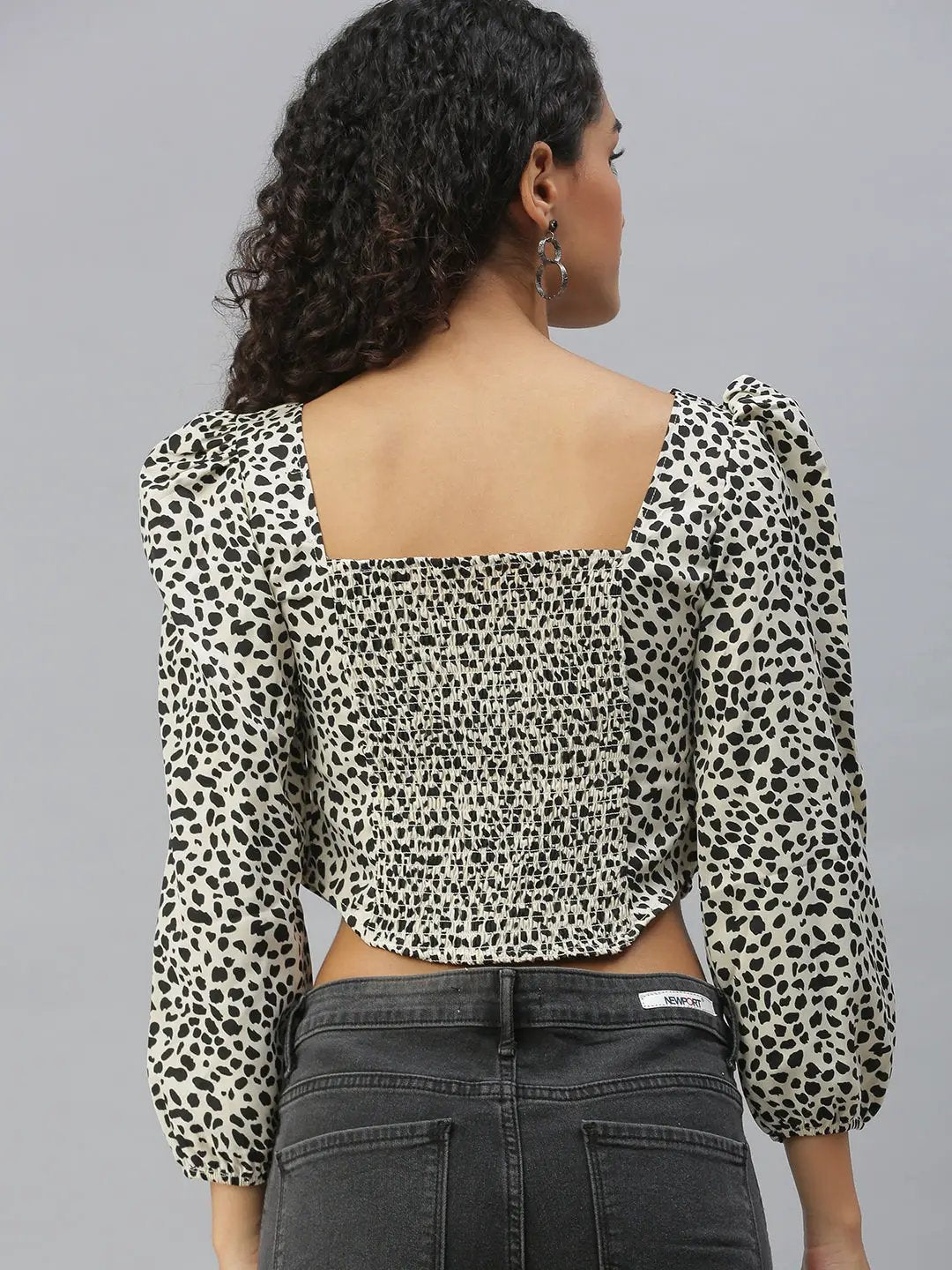 Women's Cream Animal Print Crepe Crop Top