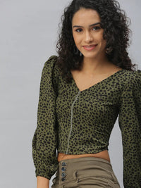Women's Olive Animal Print Crop Top