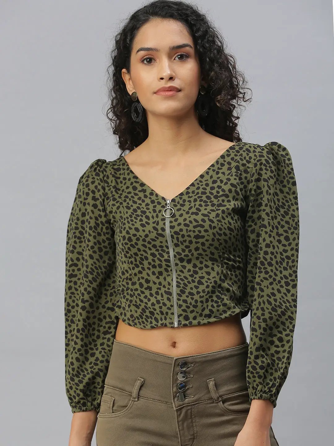 Women's Olive Animal Print Crop Top