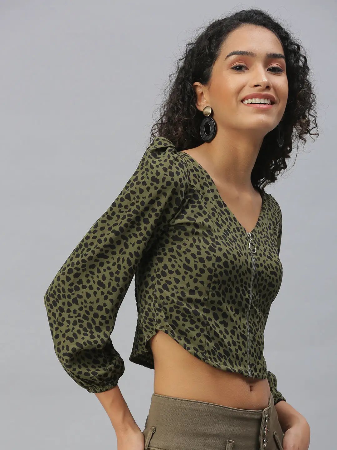 Women's Olive Animal Print Crop Top