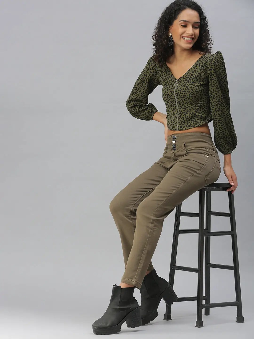 Women's Olive Animal Print Crop Top