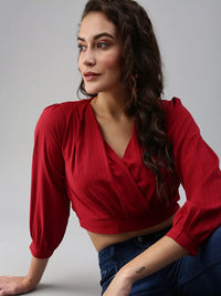 Women's Maroon Crepe Solid Wrap Cinched Waist Crop Top