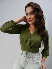 Women's Olive Crepe Wrap Crop Top
