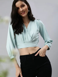 Women's Sea Green Striped Wrap Cinched Waist Top