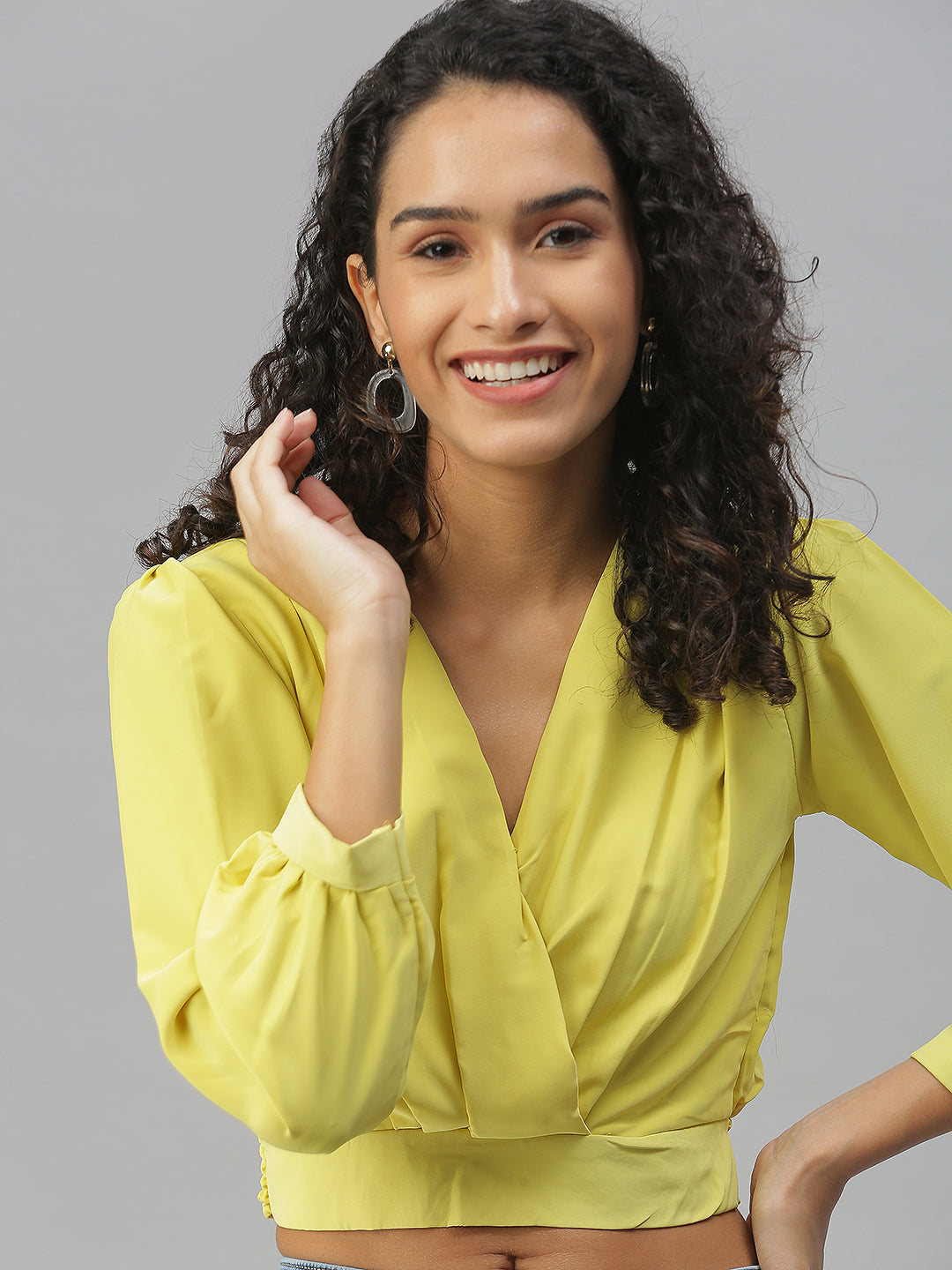 Women's Lime green Crepe Cinched Waist Crop Top