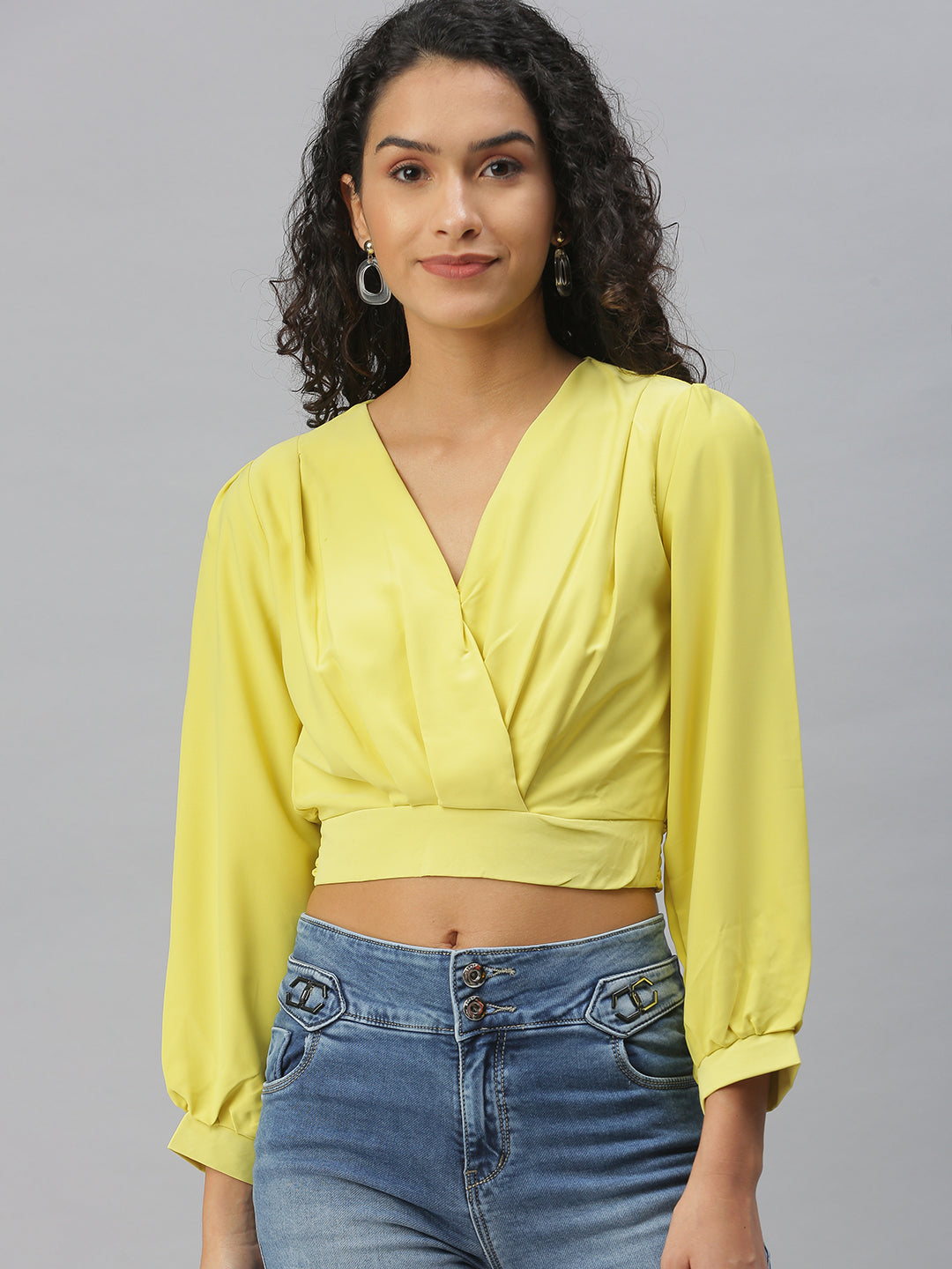 Women's Lime green Crepe Cinched Waist Crop Top