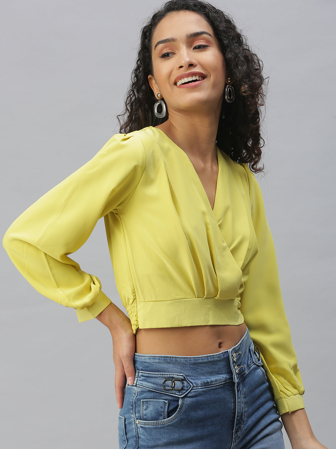 Women's Lime green Crepe Cinched Waist Crop Top