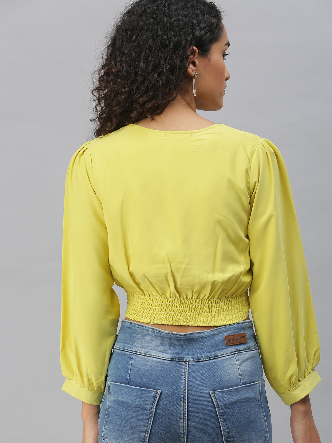 Women's Lime green Crepe Cinched Waist Crop Top